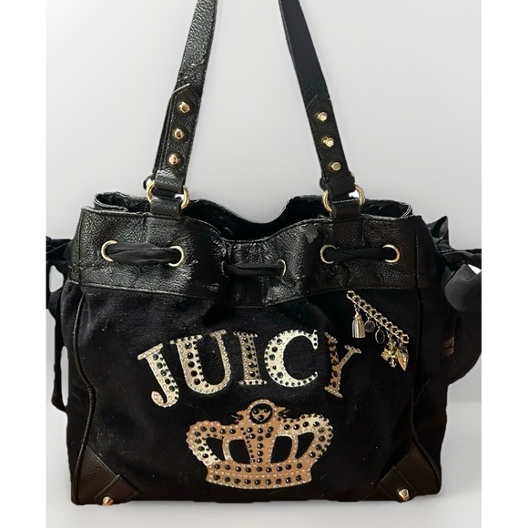 Juicy Couture Y2K Daydreamer Black Velour Drawstring Hobo Bag Crown Logo Charm